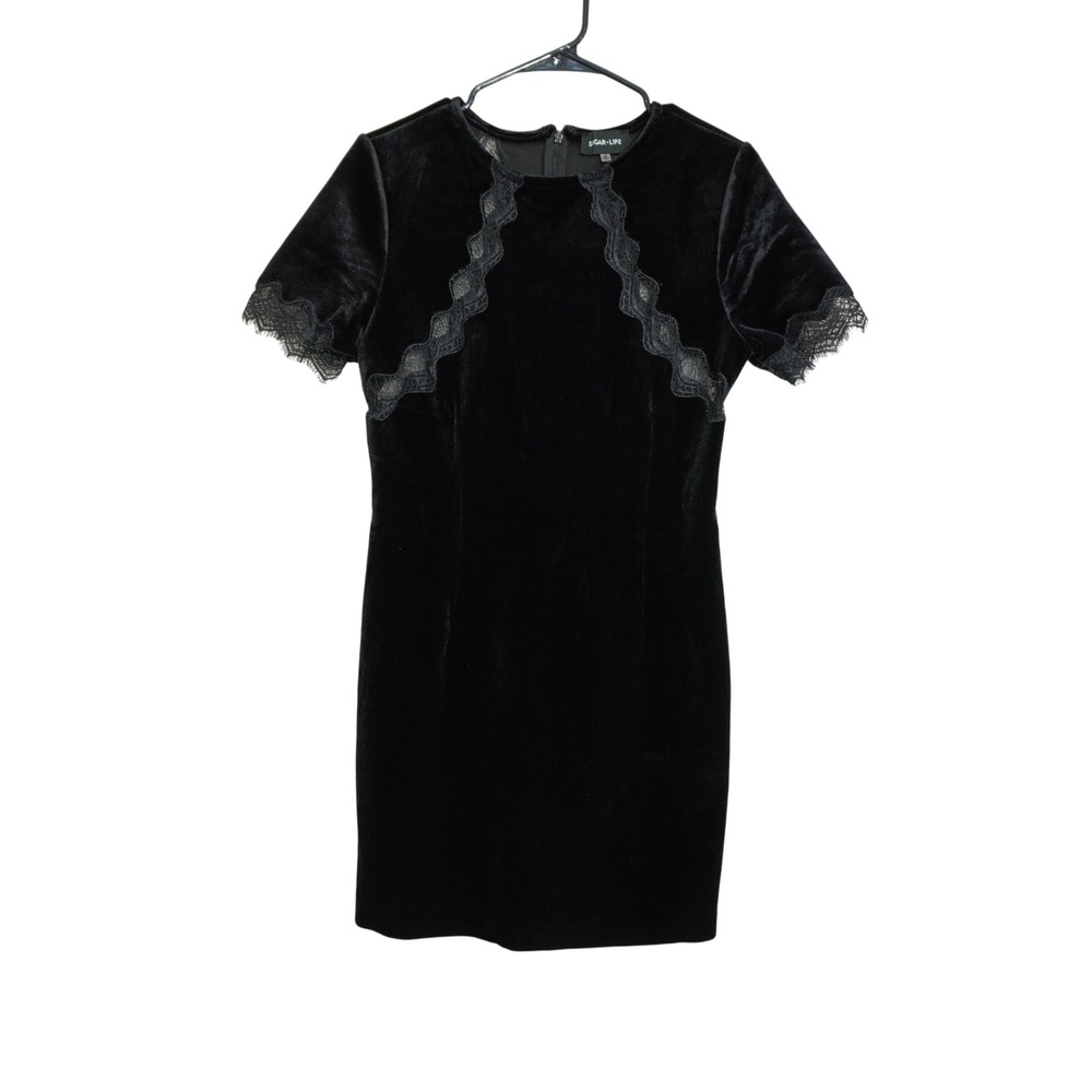 Sugar Lips Black Velvet Lace Trim Mini Dress Short Sleeve Sheath Romantic Gothic